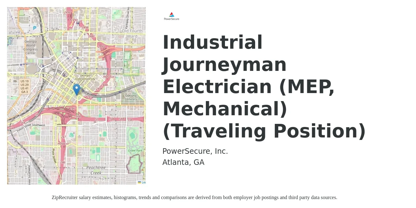 PowerSecure, Inc. job posting for a Industrial Journeyman Electrician (MEP, Mechanical) (Traveling Position) in Atlanta, GA with a salary of $27 to $36 Hourly with a map of Atlanta location.