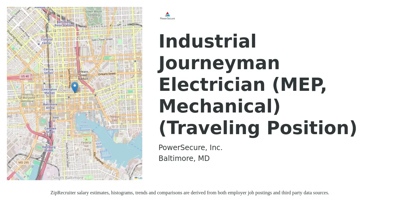 PowerSecure, Inc. job posting for a Industrial Journeyman Electrician (MEP, Mechanical) (Traveling Position) in Baltimore, MD with a salary of $28 to $37 Hourly with a map of Baltimore location.