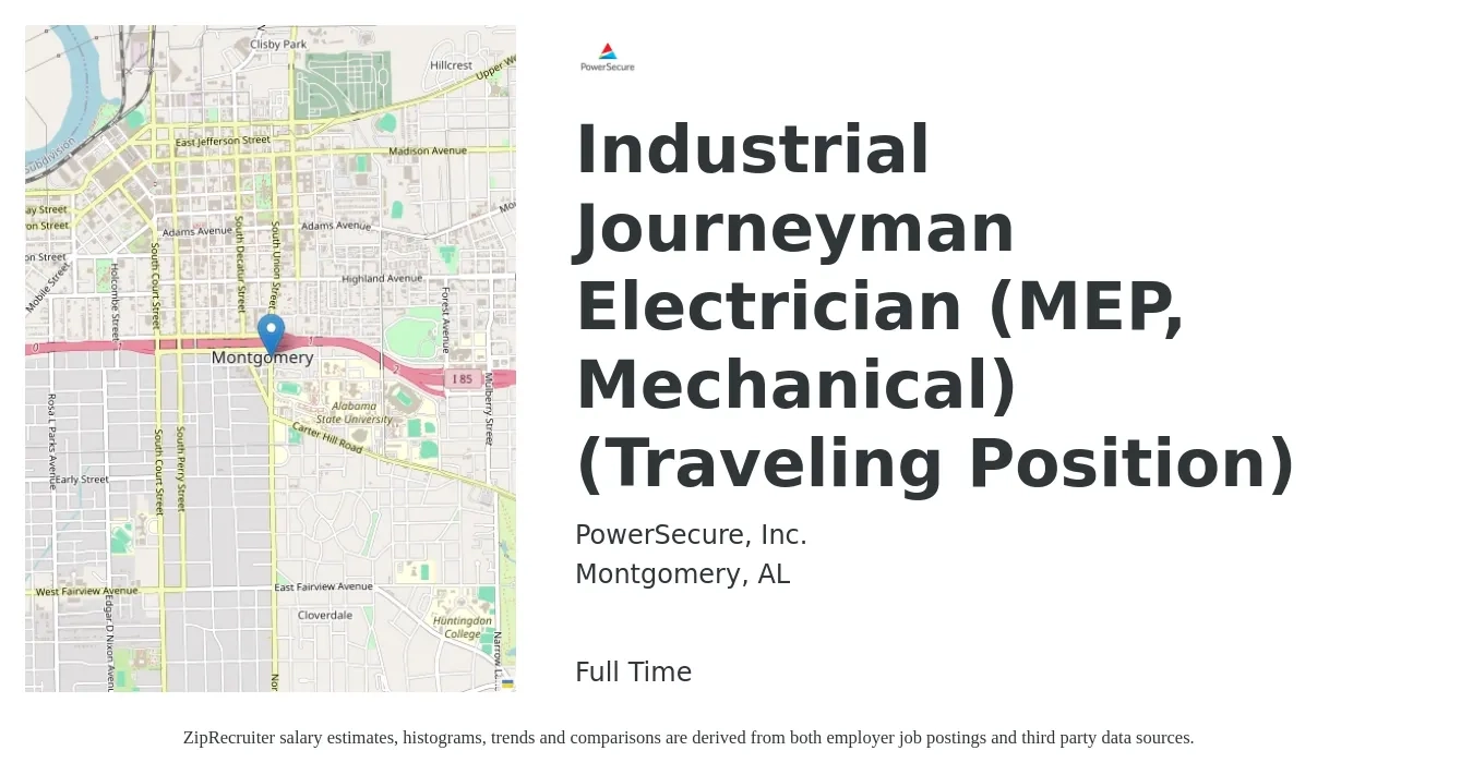 PowerSecure, Inc. job posting for a Industrial Journeyman Electrician (MEP, Mechanical) (Traveling Position) in Montgomery, AL with a salary of $28 to $37 Hourly with a map of Montgomery location.