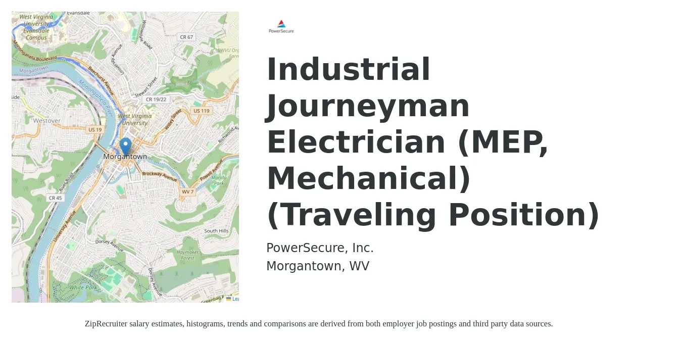 PowerSecure, Inc. job posting for a Industrial Journeyman Electrician (MEP, Mechanical) (Traveling Position) in Morgantown, WV with a salary of $29 to $38 Hourly with a map of Morgantown location.