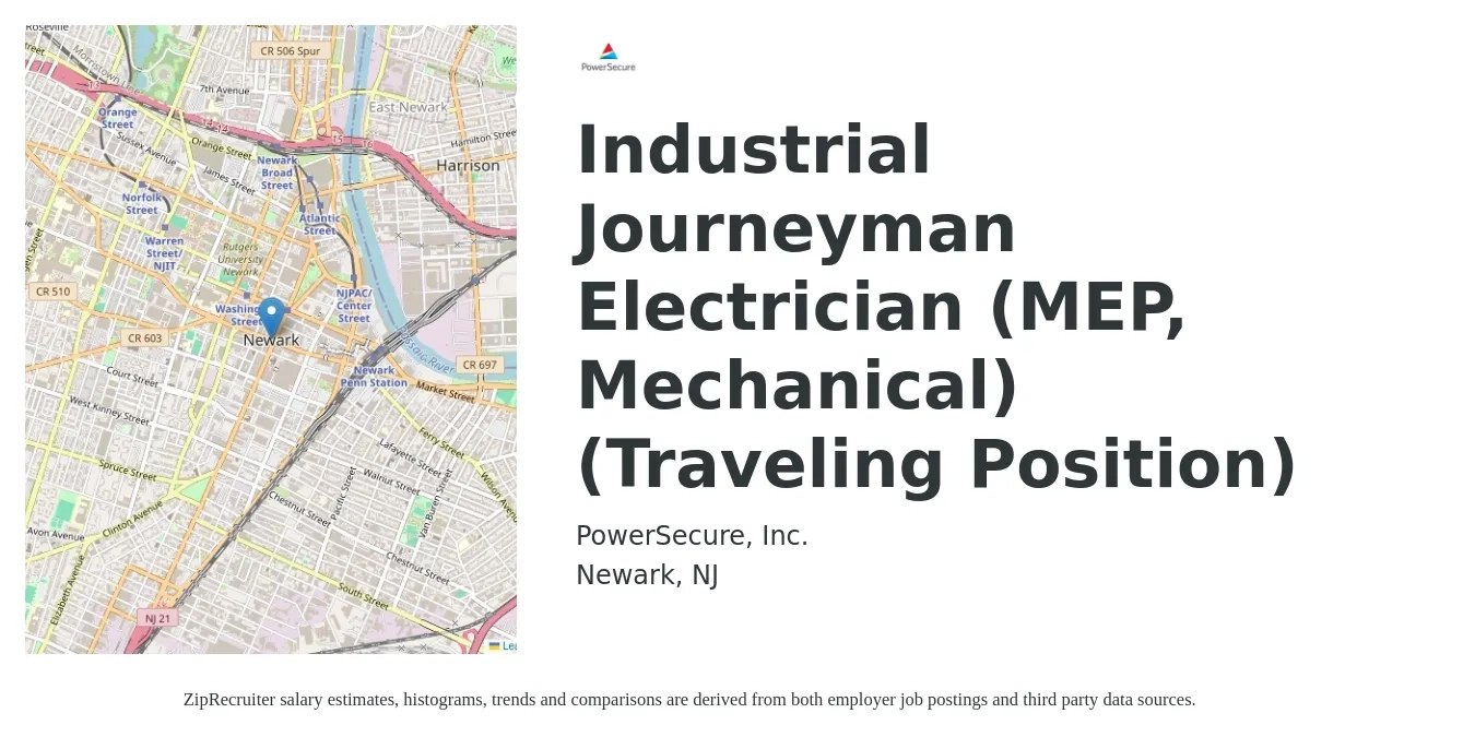 PowerSecure, Inc. job posting for a Industrial Journeyman Electrician (MEP, Mechanical) (Traveling Position) in Newark, NJ with a salary of $30 to $39 Hourly with a map of Newark location.