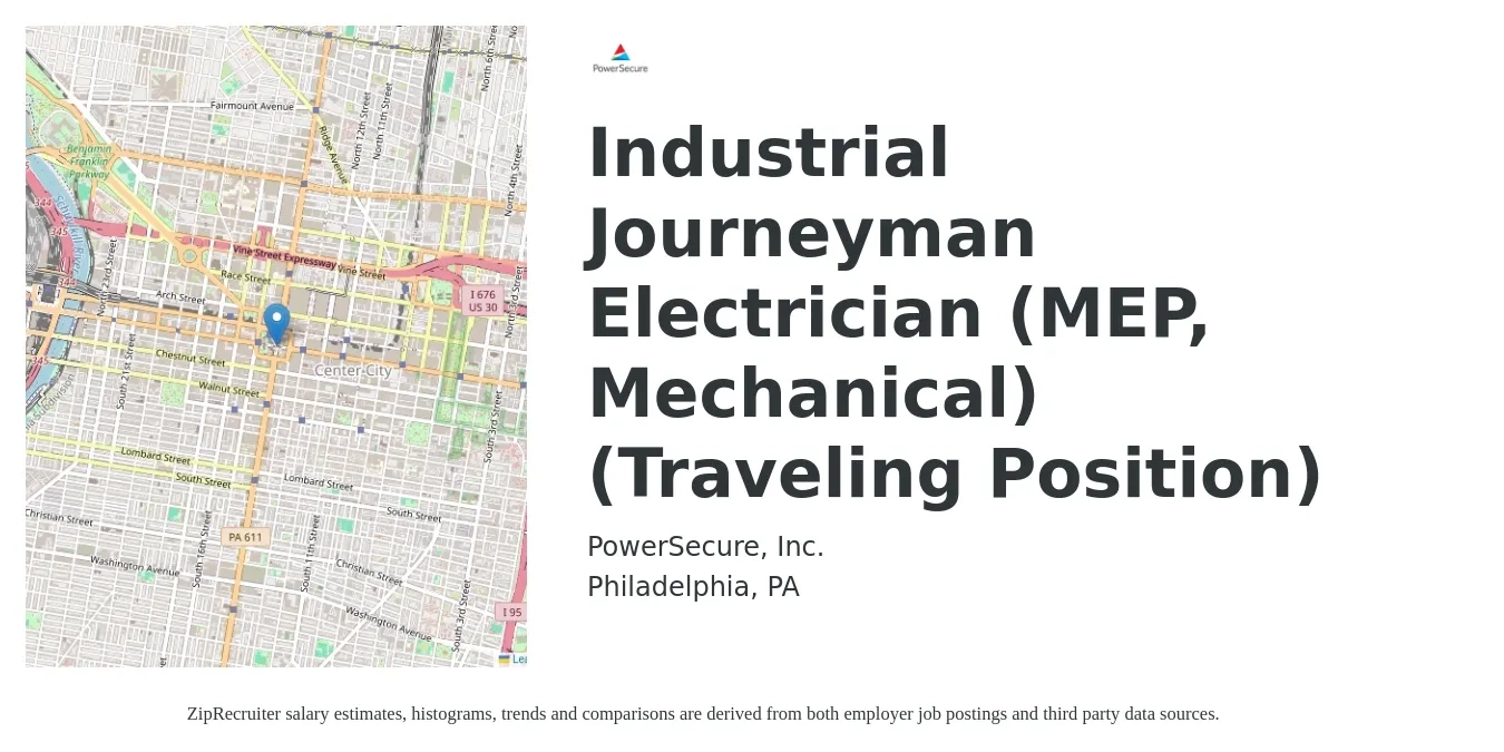 PowerSecure, Inc. job posting for a Industrial Journeyman Electrician (MEP, Mechanical) (Traveling Position) in Philadelphia, PA with a salary of $27 to $36 Hourly with a map of Philadelphia location.