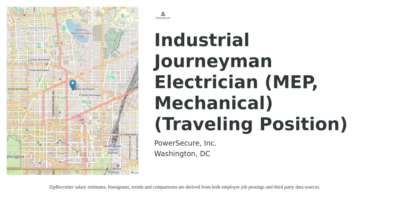 PowerSecure, Inc. job posting for a Industrial Journeyman Electrician (MEP, Mechanical) (Traveling Position) in Washington, DC with a salary of $32 to $42 Hourly with a map of Washington location.