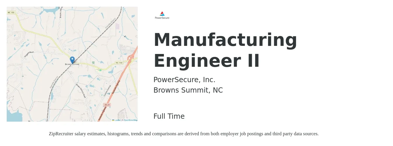 PowerSecure, Inc. job posting for a Manufacturing Engineer II in Browns Summit, NC with a salary of $65,900 to $84,900 Yearly with a map of Browns Summit location.