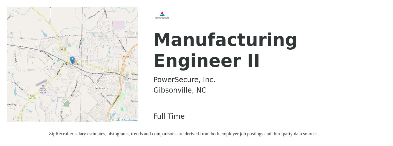 PowerSecure, Inc. job posting for a Manufacturing Engineer II in Gibsonville, NC with a salary of $52,000 to $66,900 Yearly with a map of Gibsonville location.