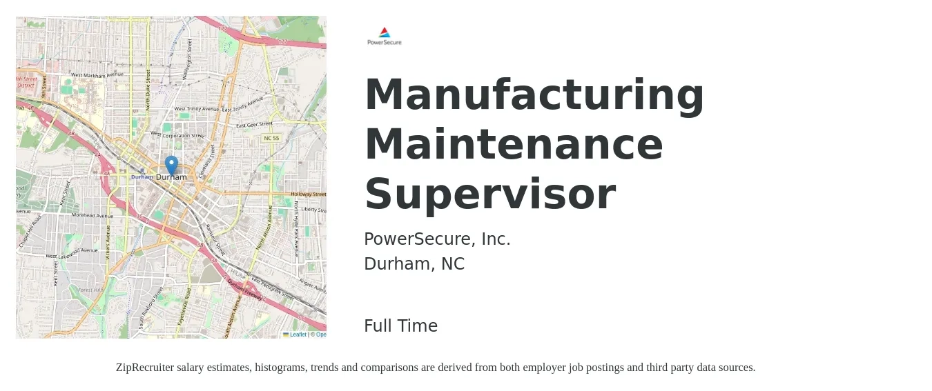 PowerSecure, Inc. job posting for a Manufacturing Maintenance Supervisor in Durham, NC with a salary of $70,700 to $109,200 Yearly with a map of Durham location.