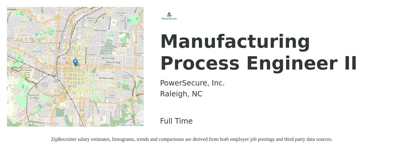 PowerSecure, Inc. job posting for a Manufacturing Process Engineer II in Raleigh, NC with a salary of $63,100 to $84,200 Yearly with a map of Raleigh location.