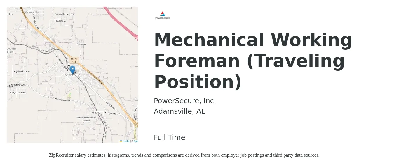PowerSecure, Inc. job posting for a Mechanical Working Foreman (Traveling Position) in Adamsville, AL with a salary of $69,700 to $115,100 Yearly with a map of Adamsville location.
