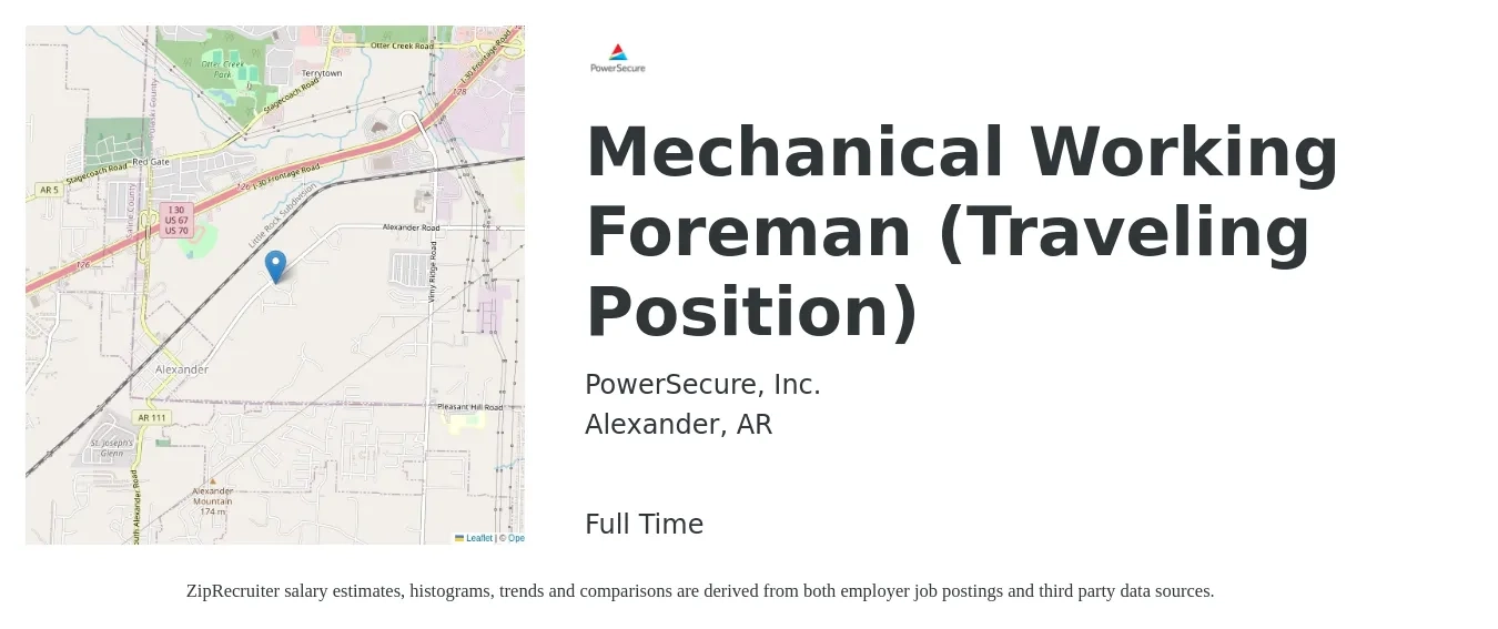 PowerSecure, Inc. job posting for a Mechanical Working Foreman (Traveling Position) in Alexander, AR with a salary of $67,900 to $112,200 Yearly with a map of Alexander location.