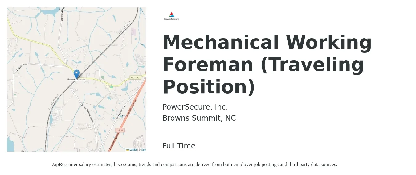 PowerSecure, Inc. job posting for a Mechanical Working Foreman (Traveling Position) in Browns Summit, NC with a salary of $65,000 to $107,400 Yearly with a map of Browns Summit location.