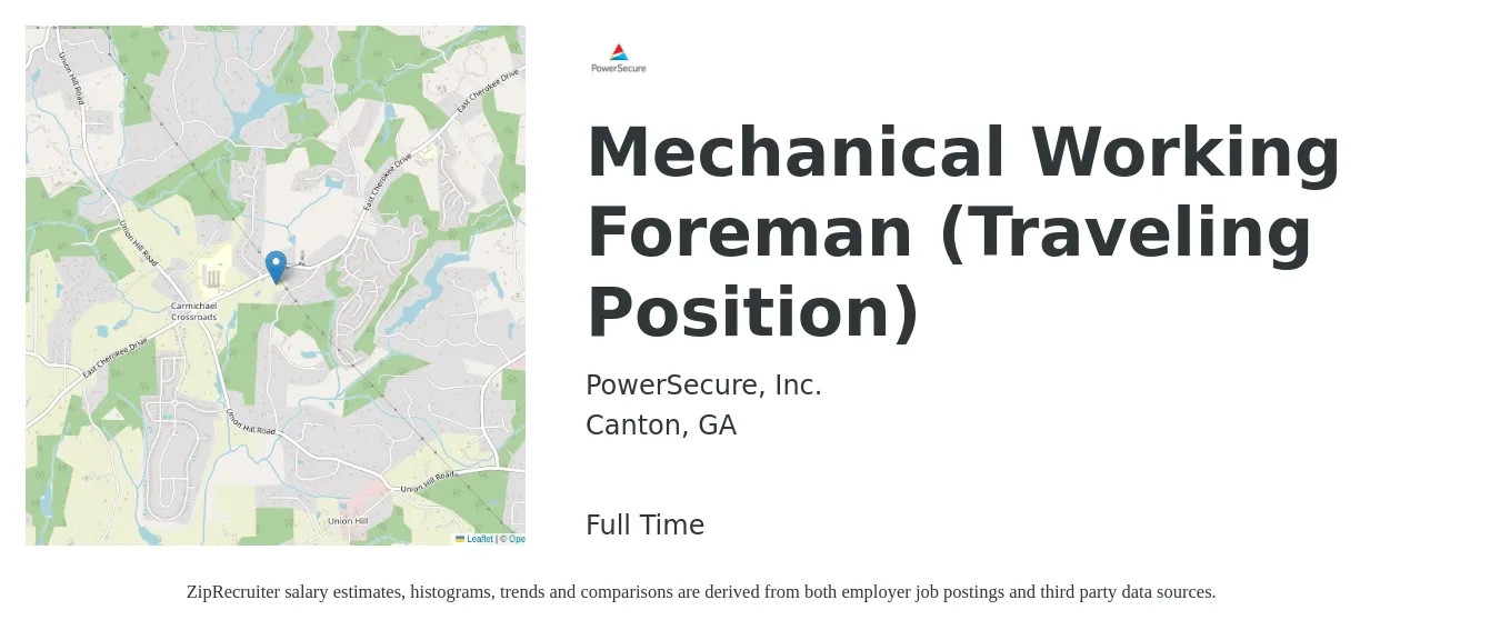 PowerSecure, Inc. job posting for a Mechanical Working Foreman (Traveling Position) in Canton, GA with a salary of $65,300 to $108,000 Yearly with a map of Canton location.