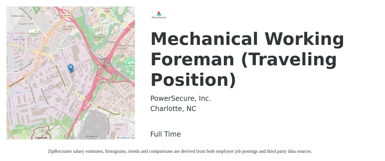 PowerSecure, Inc. job posting for a Mechanical Working Foreman (Traveling Position) in Charlotte, NC with a salary of $70,300 to $116,200 Yearly with a map of Charlotte location.
