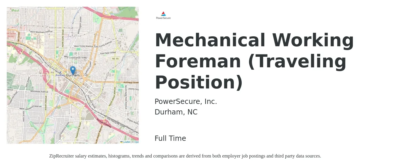 PowerSecure, Inc. job posting for a Mechanical Working Foreman (Traveling Position) in Durham, NC with a salary of $65,200 to $107,800 Yearly with a map of Durham location.