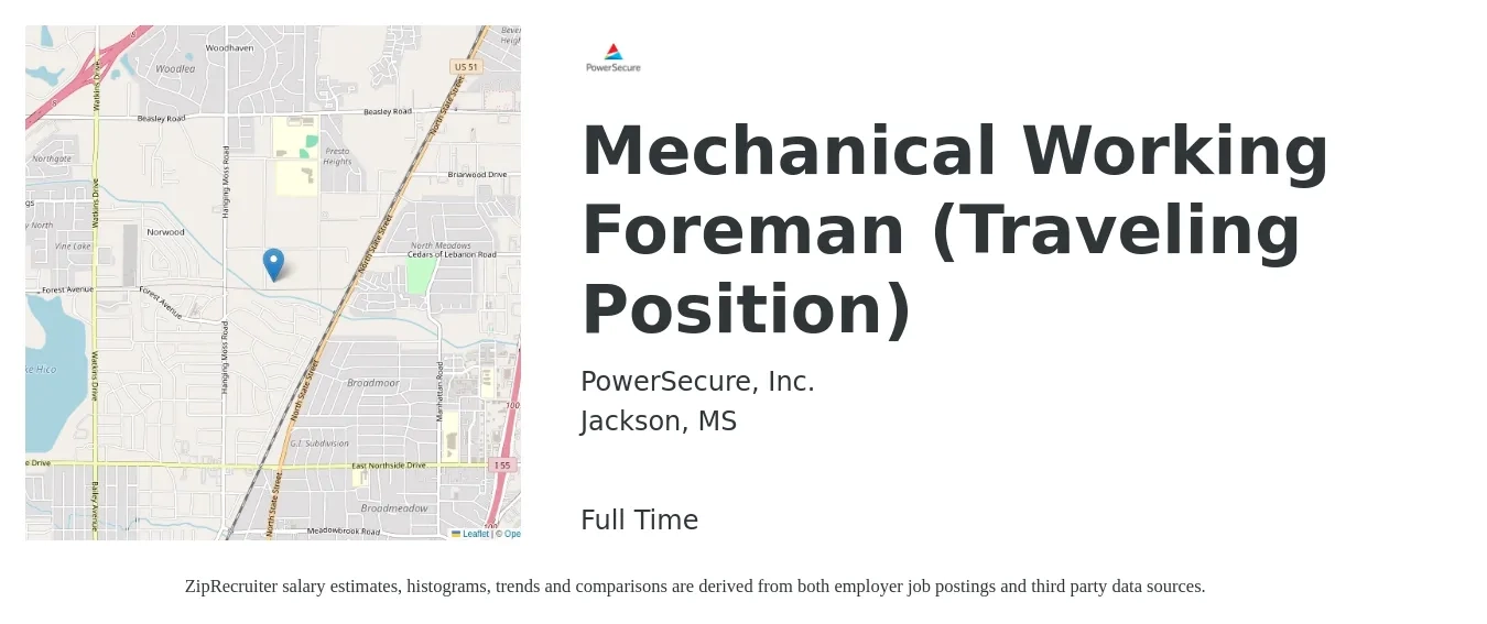 PowerSecure, Inc. job posting for a Mechanical Working Foreman (Traveling Position) in Jackson, MS with a salary of $62,700 to $103,700 Yearly with a map of Jackson location.