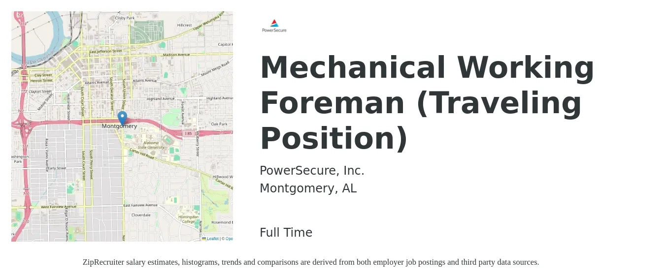PowerSecure, Inc. job posting for a Mechanical Working Foreman (Traveling Position) in Montgomery, AL with a salary of $71,100 to $117,600 Yearly with a map of Montgomery location.