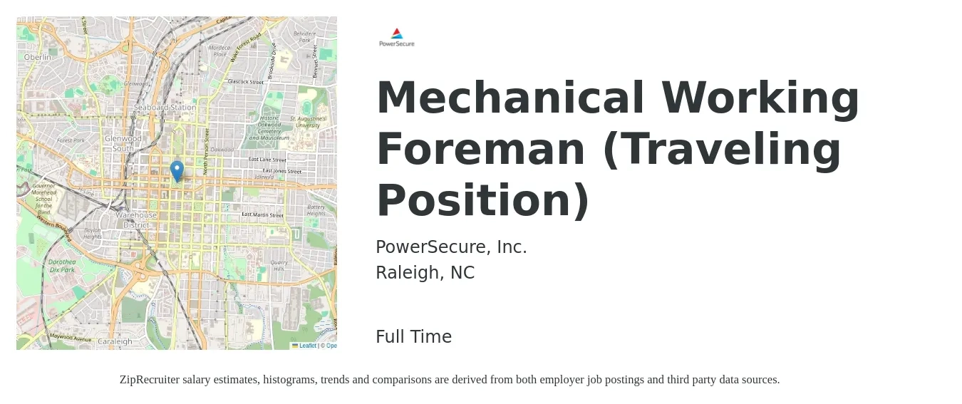 PowerSecure, Inc. job posting for a Mechanical Working Foreman (Traveling Position) in Raleigh, NC with a salary of $61,800 to $102,200 Yearly with a map of Raleigh location.