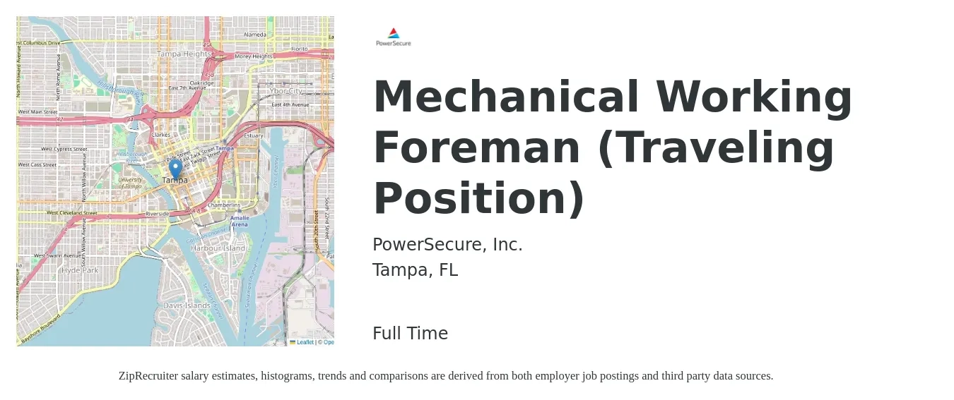 PowerSecure, Inc. job posting for a Mechanical Working Foreman (Traveling Position) in Tampa, FL with a salary of $68,000 to $112,500 Yearly with a map of Tampa location.