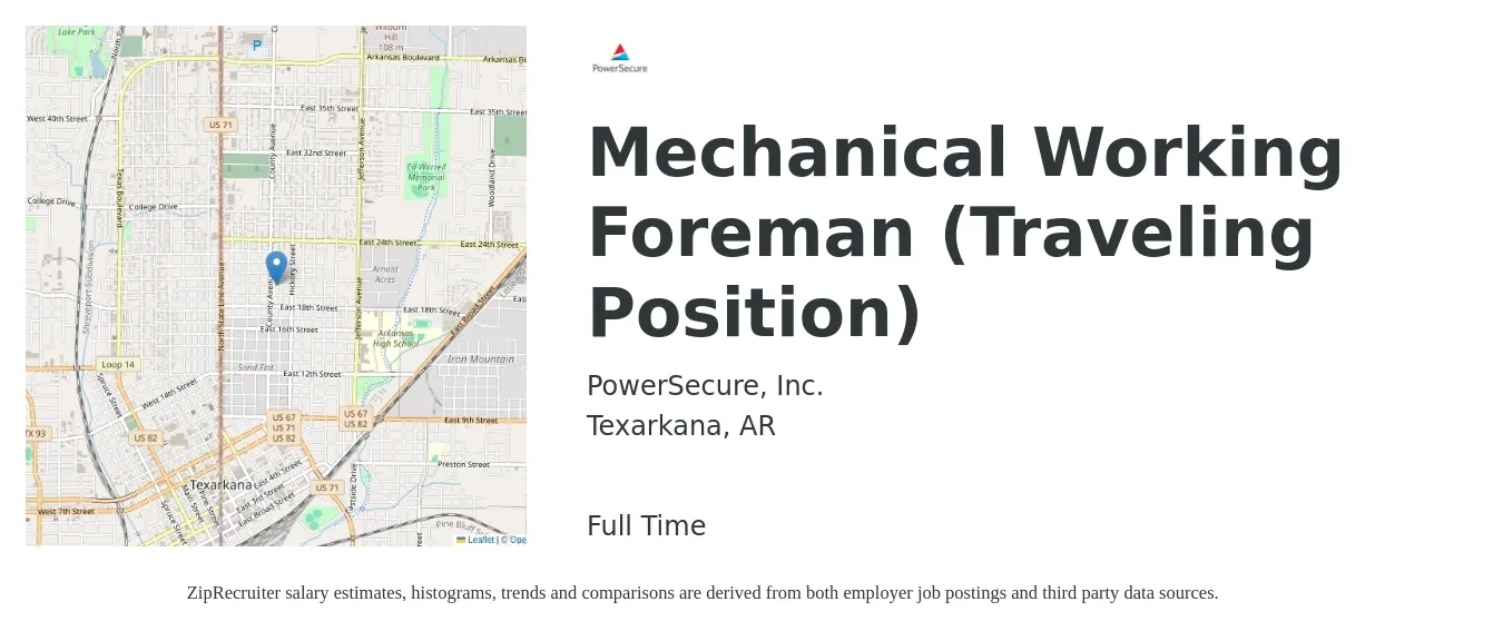 PowerSecure, Inc. job posting for a Mechanical Working Foreman (Traveling Position) in Texarkana, AR with a salary of $67,000 to $110,800 Yearly with a map of Texarkana location.