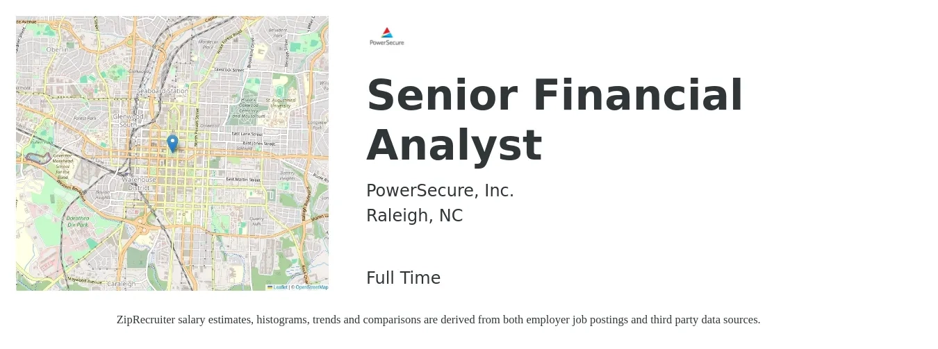 PowerSecure, Inc. job posting for a Senior Financial Analyst in Raleigh, NC with a salary of $73,400 to $91,500 Yearly with a map of Raleigh location.