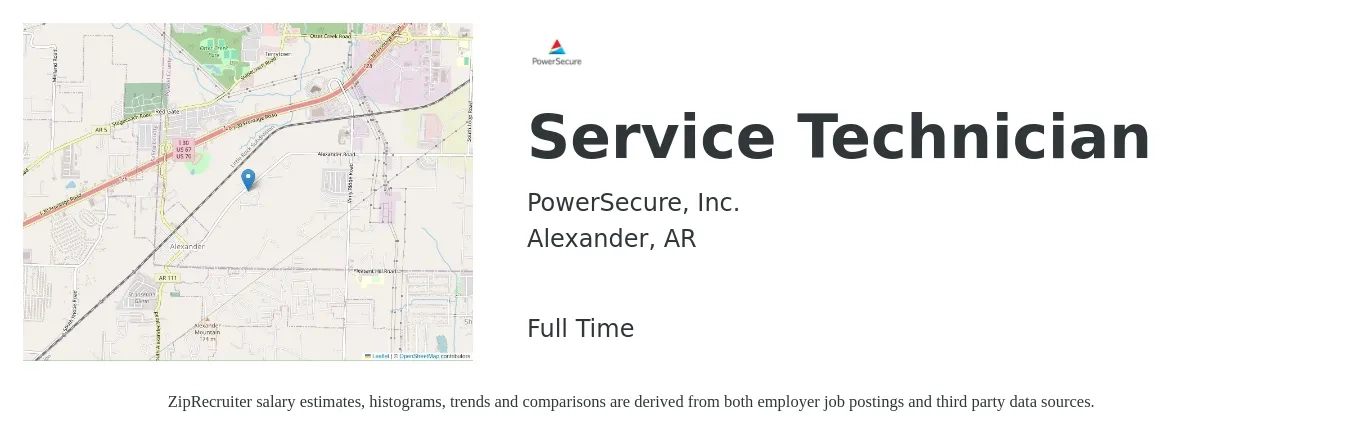 PowerSecure, Inc. job posting for a Service Technician in Alexander, AR with a salary of $19 to $26 Hourly with a map of Alexander location.