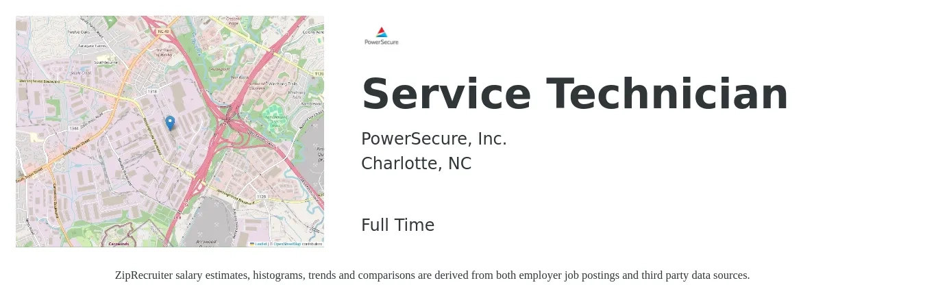 PowerSecure, Inc. job posting for a Service Technician in Charlotte, NC with a salary of $20 to $27 Hourly with a map of Charlotte location.