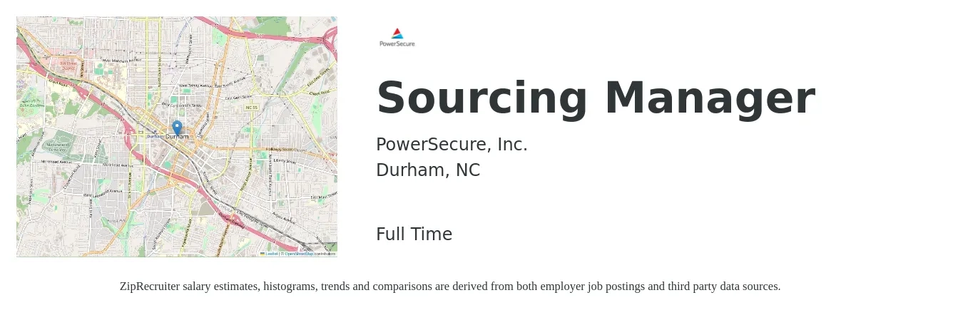 PowerSecure, Inc. job posting for a Sourcing Manager in Durham, NC with a salary of $101,500 to $151,300 Yearly with a map of Durham location.