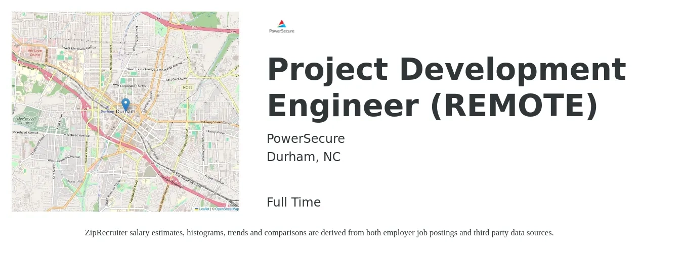 PowerSecure, Inc. job posting for a Project Development Engineer (REMOTE) in Durham, NC with a salary of $80,600 to $101,900 Yearly with a map of Durham location.