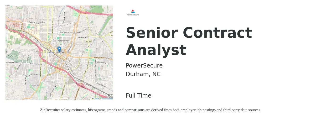 PowerSecure, Inc. job posting for a Senior Contract Analyst in Durham, NC with a salary of $79,700 to $105,600 Yearly with a map of Durham location.