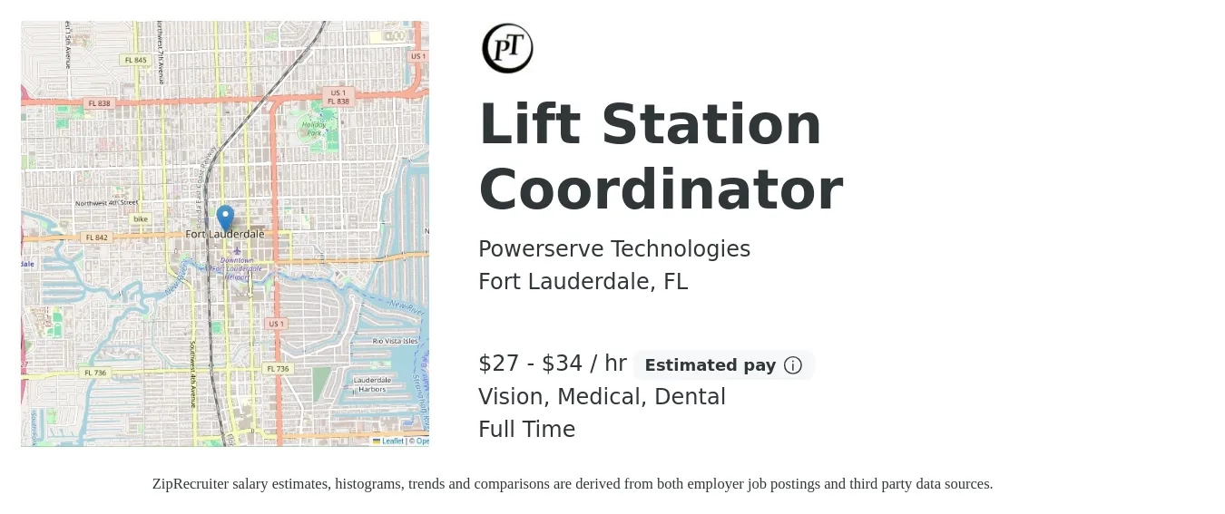Powerserve Technologies job posting for a Lift Station Coordinator in Fort Lauderdale, FL with a salary of $29 to $36 Hourly and benefits including medical, pto, retirement, vision, dental, and life_insurance with a map of Fort Lauderdale location.