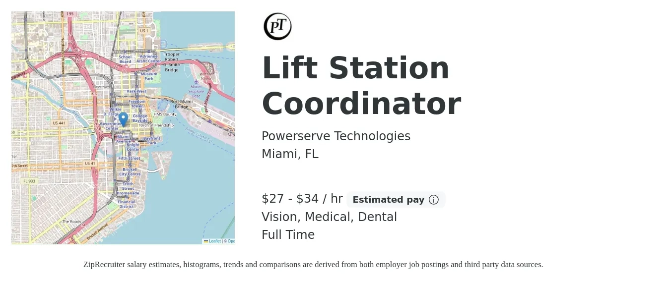 Powerserve Technologies job posting for a Lift Station Coordinator in Miami, FL with a salary of $29 to $36 Hourly and benefits including vision, dental, life_insurance, medical, pto, and retirement with a map of Miami location.