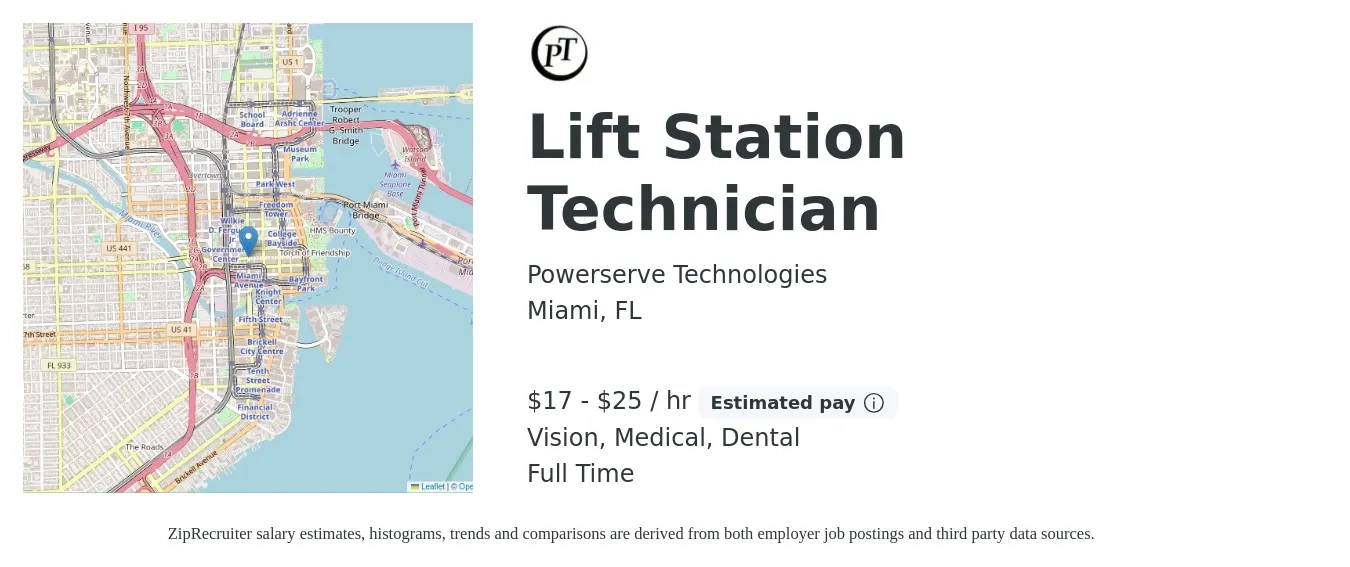 Powerserve Technologies job posting for a Lift Station Technician in Miami, FL with a salary of $18 to $27 Hourly and benefits including dental, life_insurance, medical, pto, retirement, and vision with a map of Miami location.
