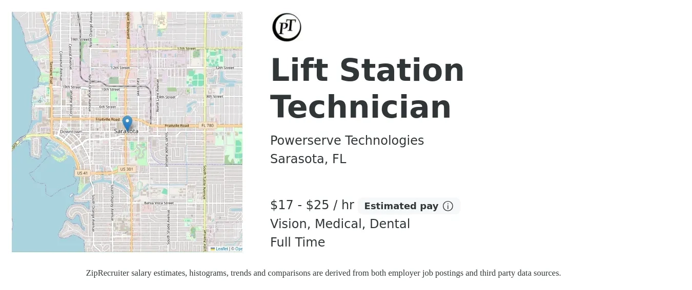Powerserve Technologies job posting for a Lift Station Technician in Sarasota, FL with a salary of $18 to $27 Hourly and benefits including pto, retirement, vision, dental, life_insurance, and medical with a map of Sarasota location.