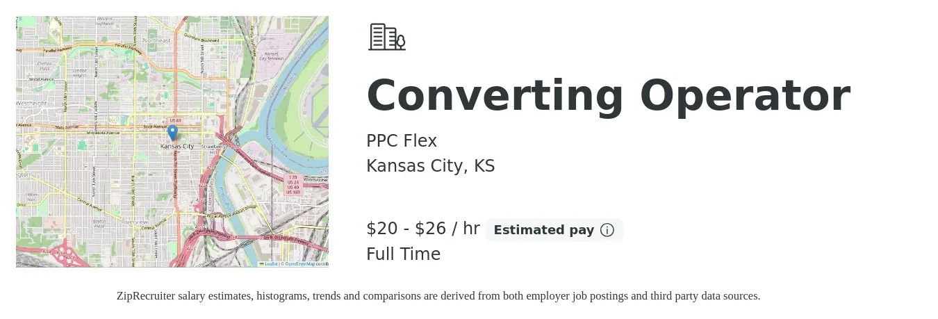 PPC Flex job posting for a Converting Operator in Kansas City, KS with a salary of $21 to $28 Hourly with a map of Kansas City location.