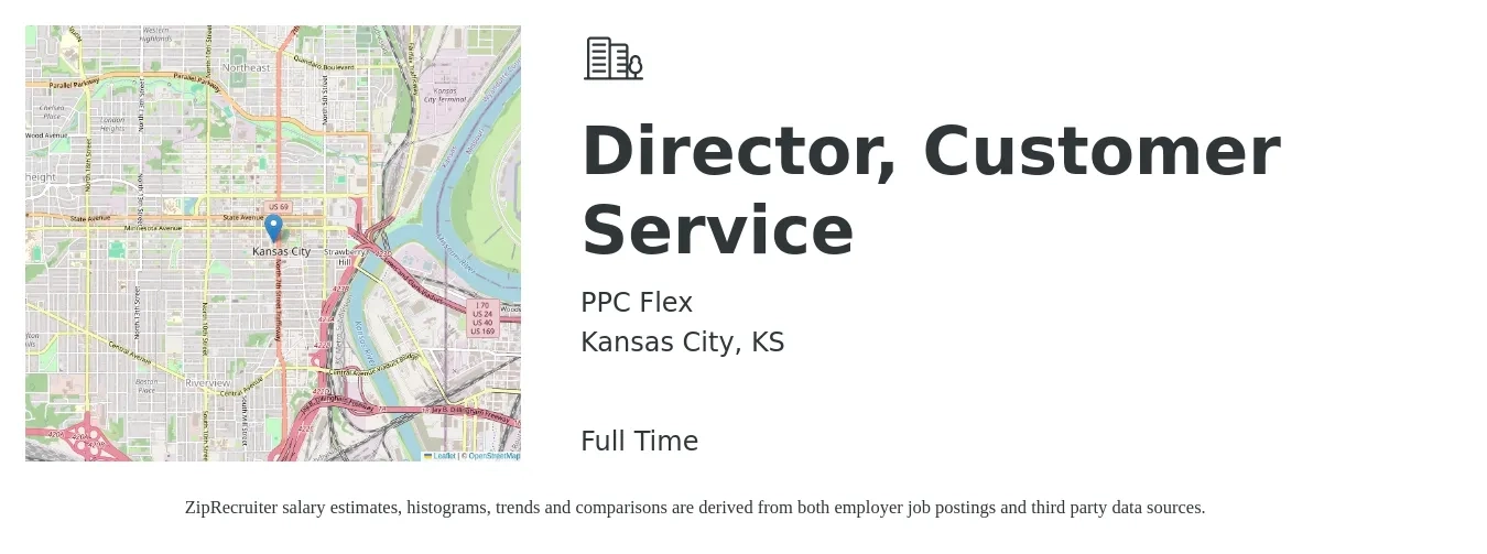 PPC Flex job posting for a Director, Customer Service in Kansas City, KS with a salary of $91,600 to $142,300 Yearly with a map of Kansas City location.
