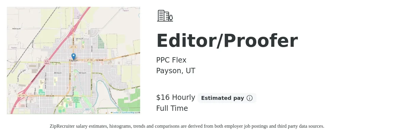 PPC Flex job posting for a Editor/Proofer in Payson, UT with a salary of $17 Hourly with a map of Payson location.