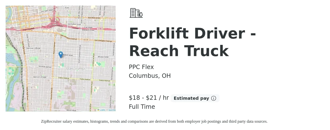 PPC Flex job posting for a Forklift Driver - Reach Truck in Columbus, OH with a salary of $19 to $22 Hourly with a map of Columbus location.