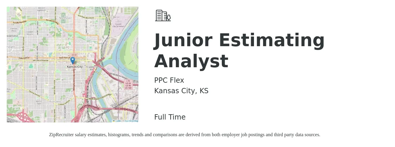 PPC Flex job posting for a Junior Estimating Analyst in Kansas City, KS with a salary of $21 to $30 Hourly with a map of Kansas City location.