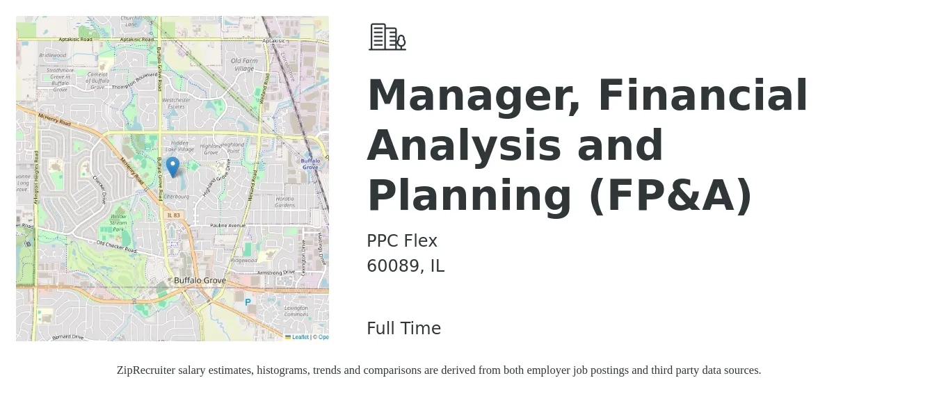 PPC Flex job posting for a Manager, Financial Analysis and Planning (FP&A) in 60089, IL with a salary of $108,100 to $141,900 Yearly with a map of 60089 location.
