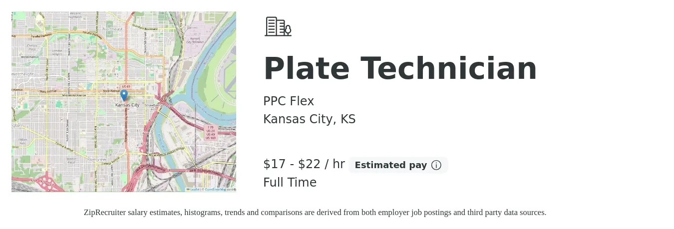 PPC Flex job posting for a Plate Technician in Kansas City, KS with a salary of $18 to $23 Hourly with a map of Kansas City location.