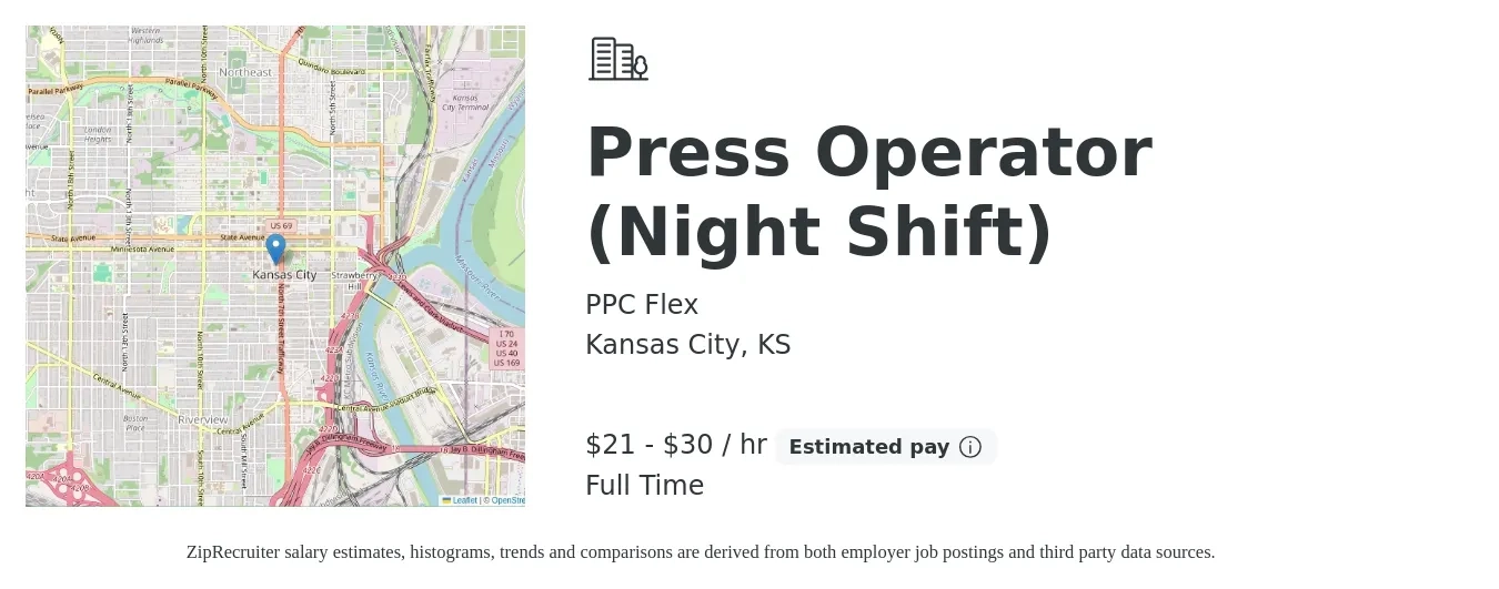 PPC Flex job posting for a Press Operator (Night Shift) in Kansas City, KS with a salary of $22 to $32 Hourly with a map of Kansas City location.