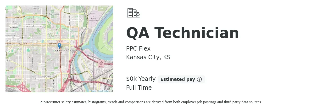 PPC Flex job posting for a QA Technician in Kansas City, KS with a salary of $21 to $25 Yearly with a map of Kansas City location.