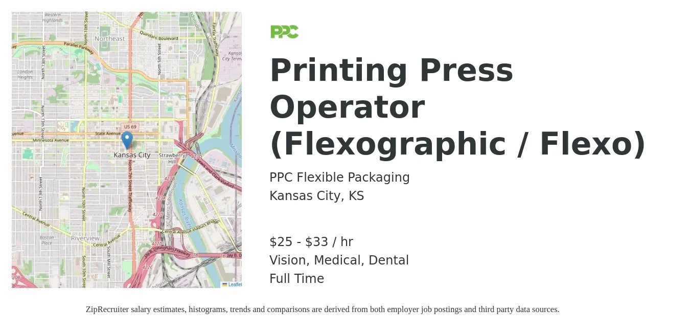 PPC Flexible Packaging job posting for a Printing Press Operator (Flexographic / Flexo) in Kansas City, KS with a salary of $26 to $34 Hourly and benefits including dental, life_insurance, medical, retirement, and vision with a map of Kansas City location.