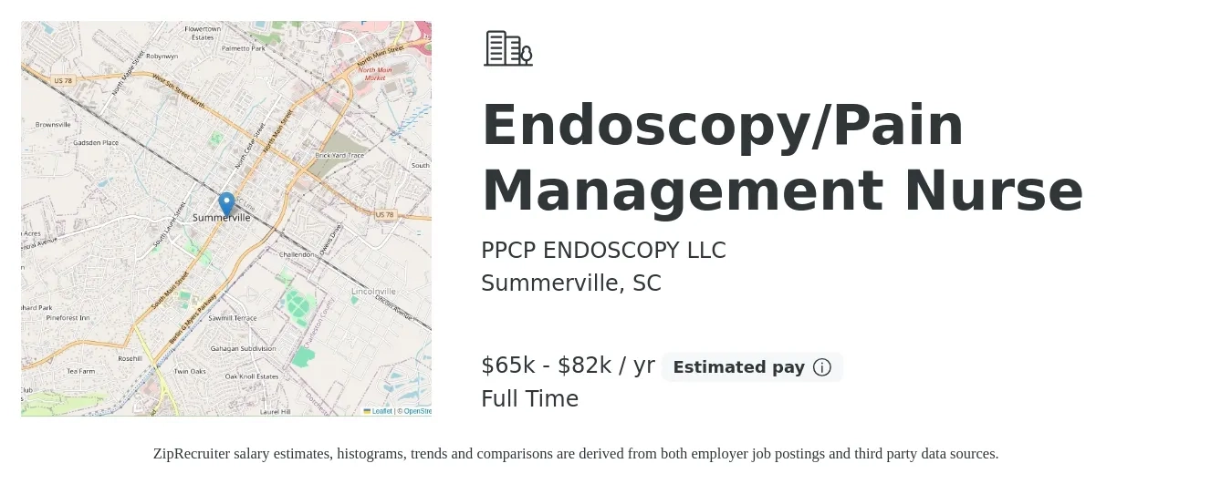 PPCP ENDOSCOPY LLC job posting for a Endoscopy/Pain Management Nurse in Summerville, SC with a salary of $65,970 to $82,580 Yearly with a map of Summerville location.