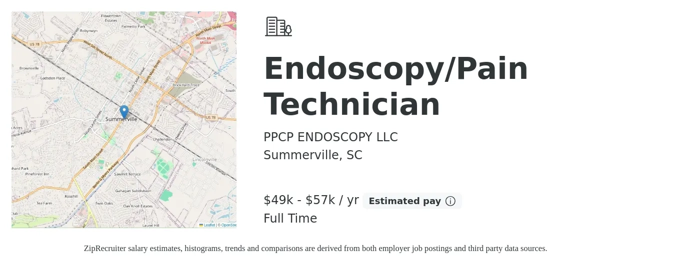 PPCP ENDOSCOPY LLC job posting for a Endoscopy/Pain Technician in Summerville, SC with a salary of $49,310 to $57,930 Yearly with a map of Summerville location.