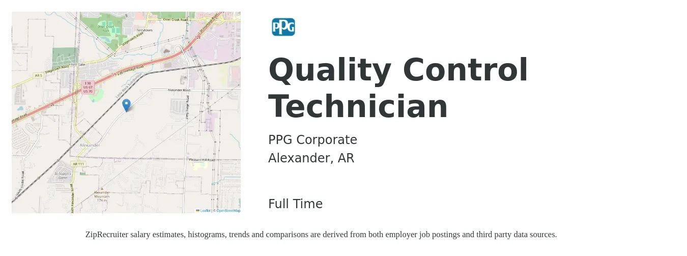 PPG Corporate job posting for a Quality Control Technician in Alexander, AR with a salary of $18 to $22 Hourly with a map of Alexander location.