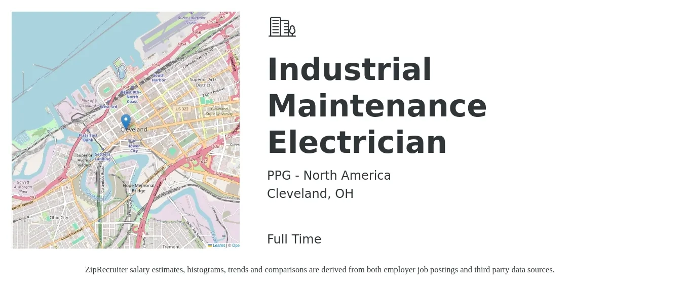 PPG - North America job posting for a Industrial Maintenance Electrician in Cleveland, OH with a salary of $34 Hourly with a map of Cleveland location.