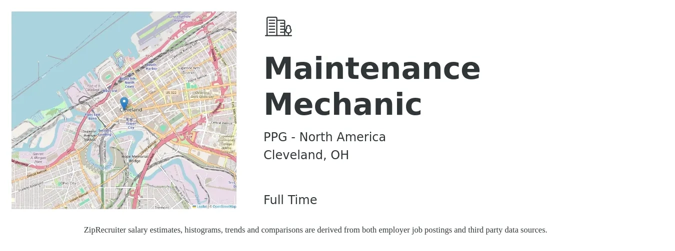PPG - North America job posting for a Maintenance Mechanic in Cleveland, OH with a salary of $33 Hourly with a map of Cleveland location.