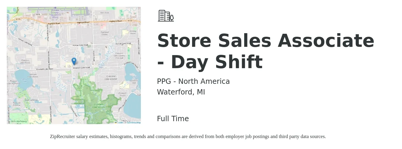 PPG - North America job posting for a Store Sales Associate - Day Shift in Waterford, MI with a salary of $15 Hourly with a map of Waterford location.