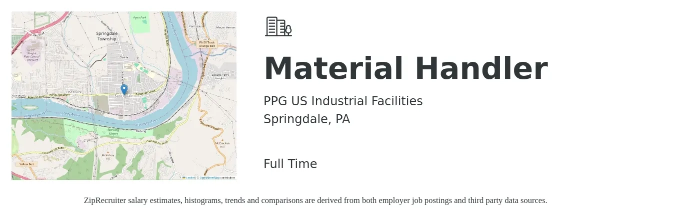 PPG US Industrial Facilities job posting for a Material Handler in Springdale, PA with a salary of $21 Hourly with a map of Springdale location.