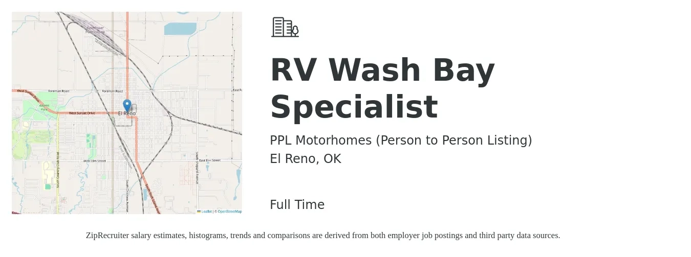 PPL Motorhomes (Person to Person Listing) job posting for a RV Wash Bay Specialist in El Reno, OK with a salary of $350 Weekly with a map of El Reno location.